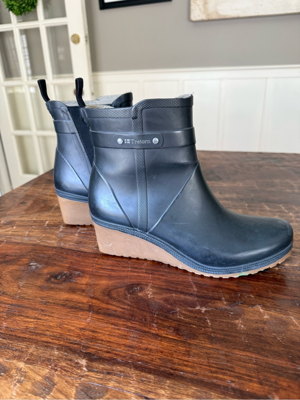 Tretorn Black Rain Wedge Booties with Tan Wedge